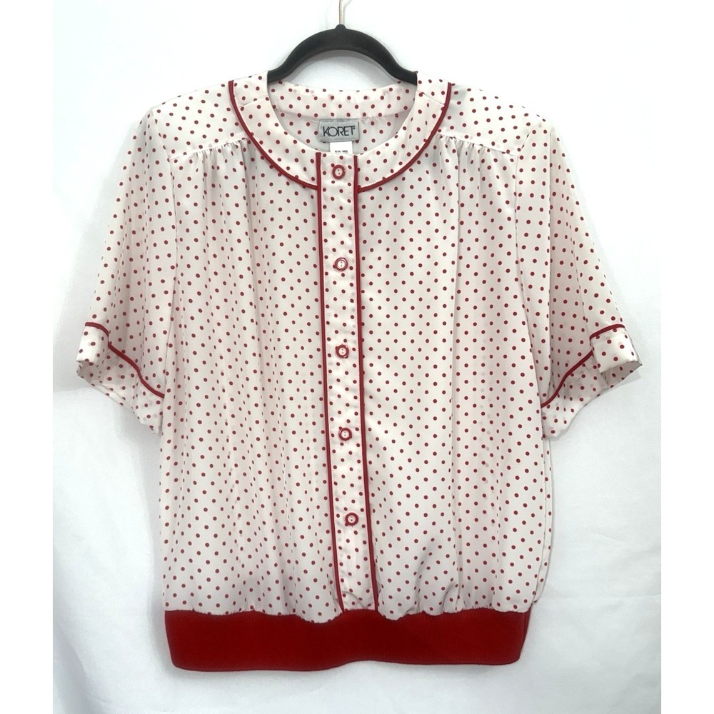 VTG Koret 80's White Red Polka Dot Short Sleeve Blouse Top Womens Size 16